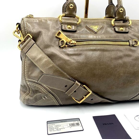 Auth PRADA Vitello Shine Bauletto Leather Tote Bag in Pomice Preloved Very Good - Picture 3 of 15